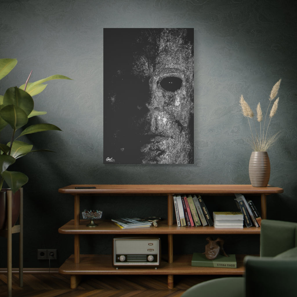 Stalk at Night large canvas above a wooden bookshelf, pale mask in black-and-white pen sketch, half in shadow