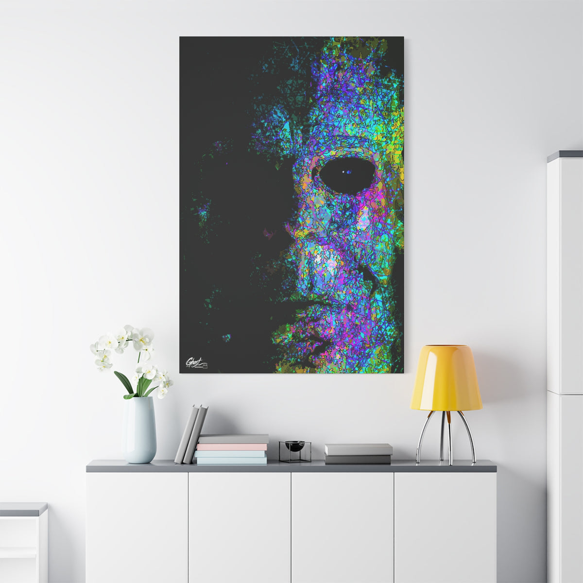 Stalk at Night, Neon Edition oversized canvas on a white wall over a sideboard, half-shadowed mask in colorful sketch lines