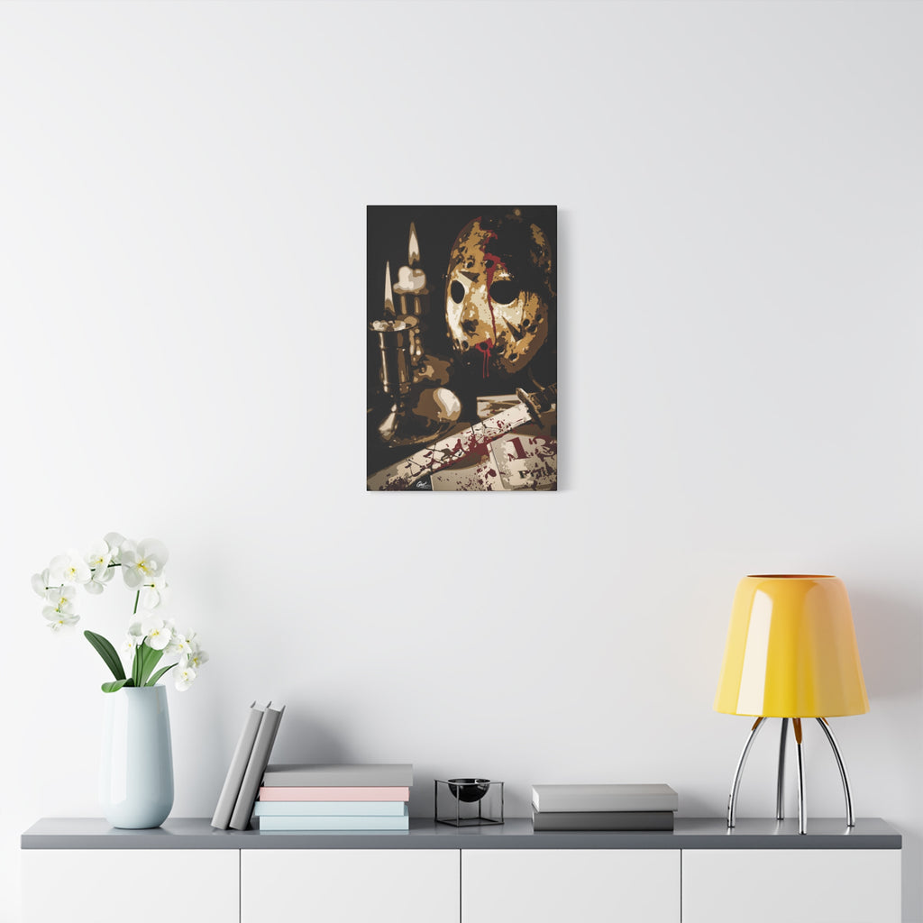 Off the Clock medium canvas over a console with white flowers, bloodied hockey mask beside lit candles and a machete