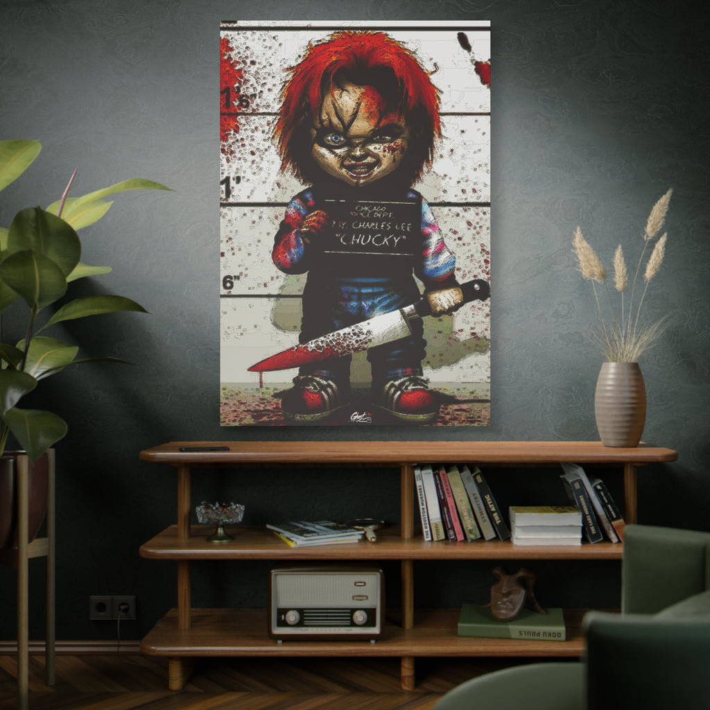 Best Friends Forever large canvas on a green-gray wall over bookshelves, doll lineup photo splashed with red