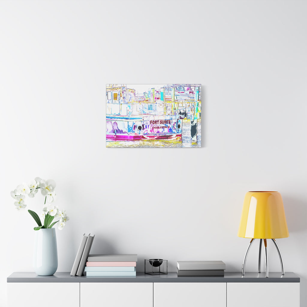 Fort Sumter Retro medium canvas over a console with white flowers, retro neon-tinted, pen-drawn Fort Sumter tour boat