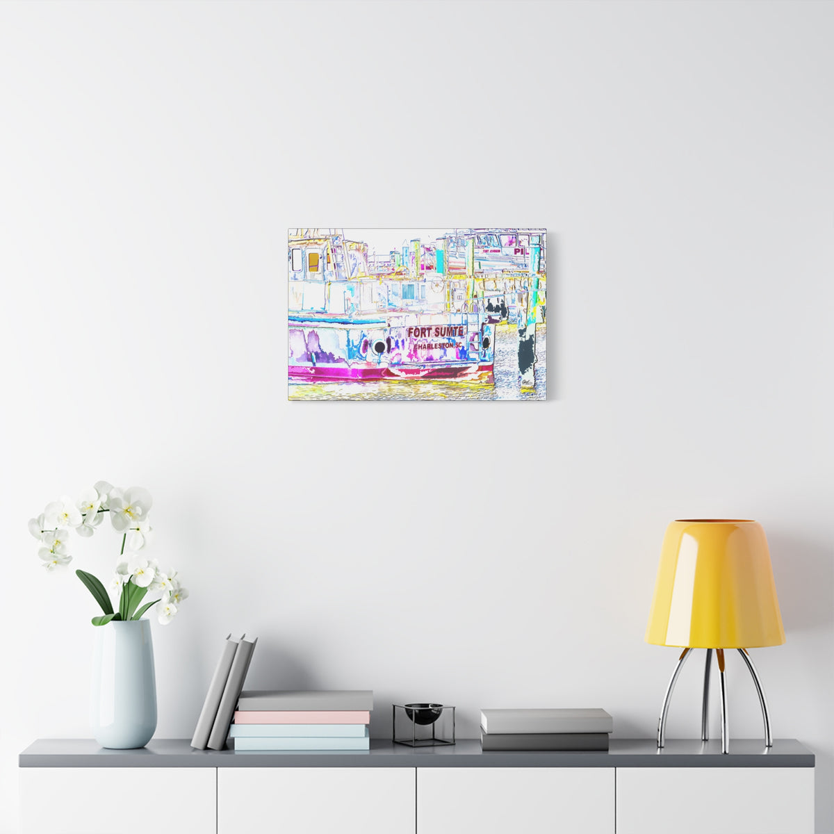 Fort Sumter Retro medium canvas over a console with white flowers, retro neon-tinted, pen-drawn Fort Sumter tour boat