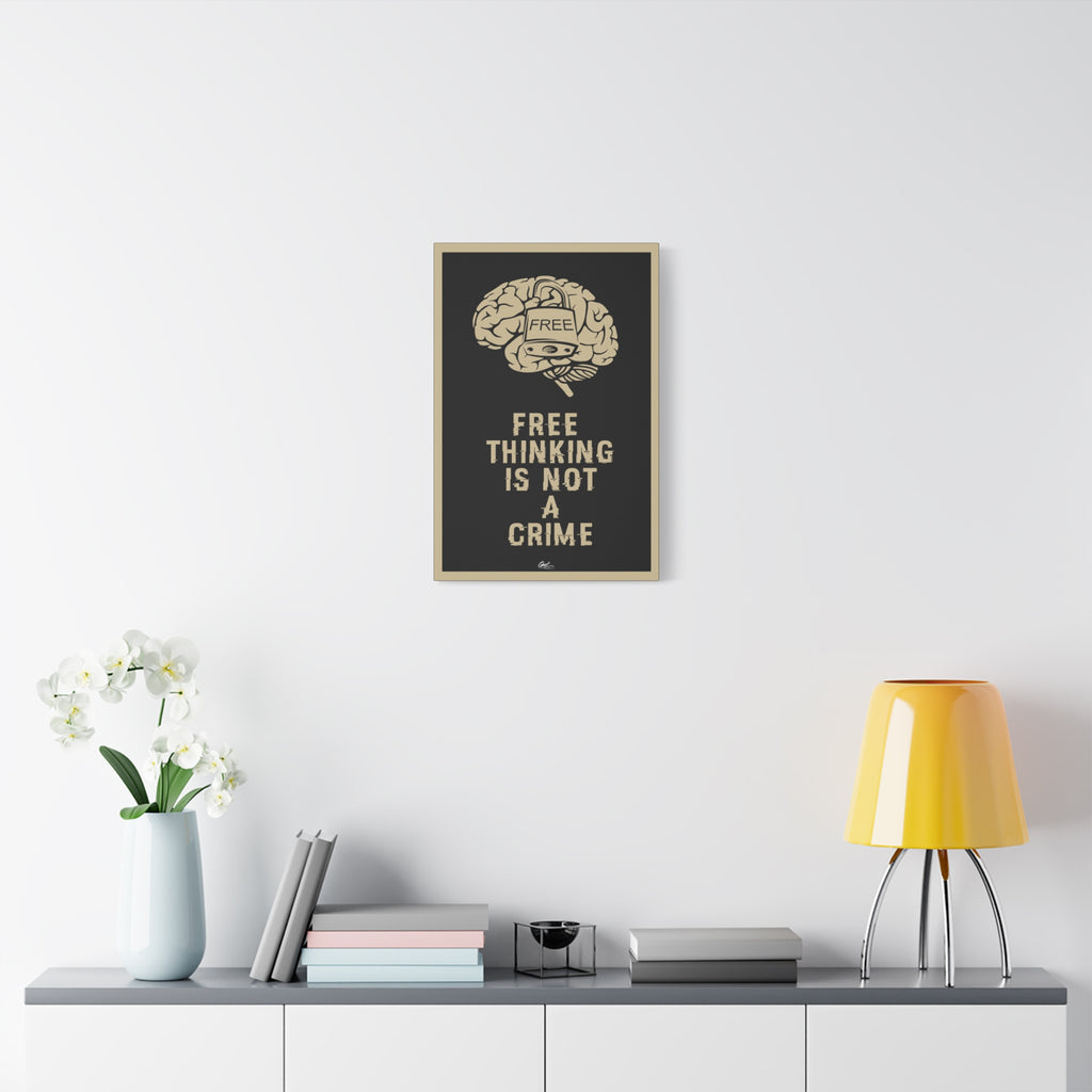 Free Thinking Is Not a Crime small canvas over a console with white flowers, padlocked brain in beige on charcoal