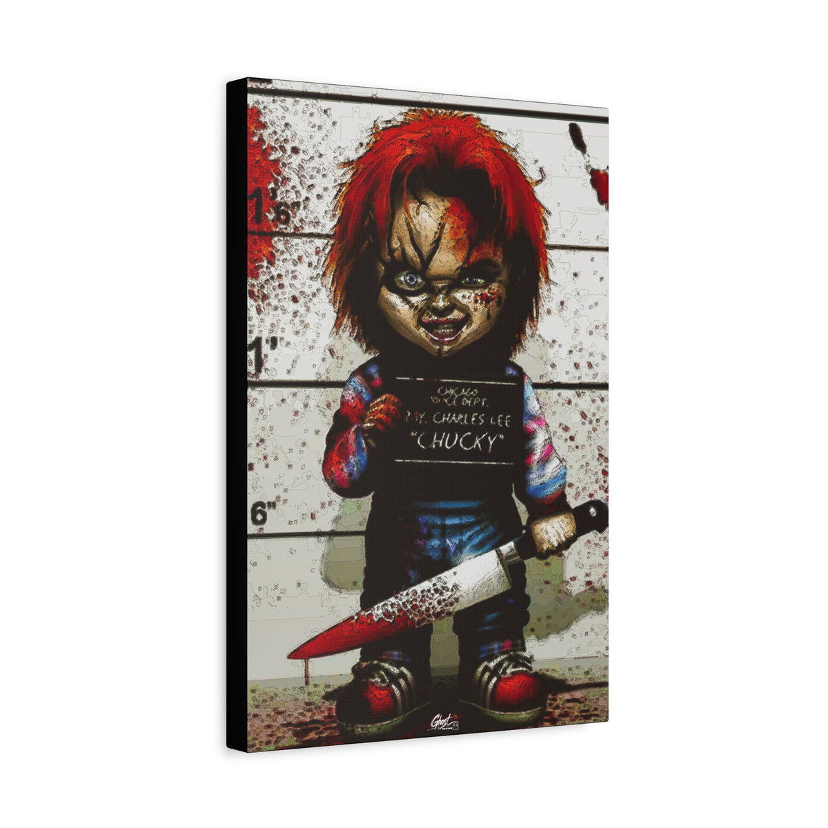 Best Friends Forever canvas, angled view of the gallery-wrapped edge: red-haired doll with a booking placard and bloodied knife