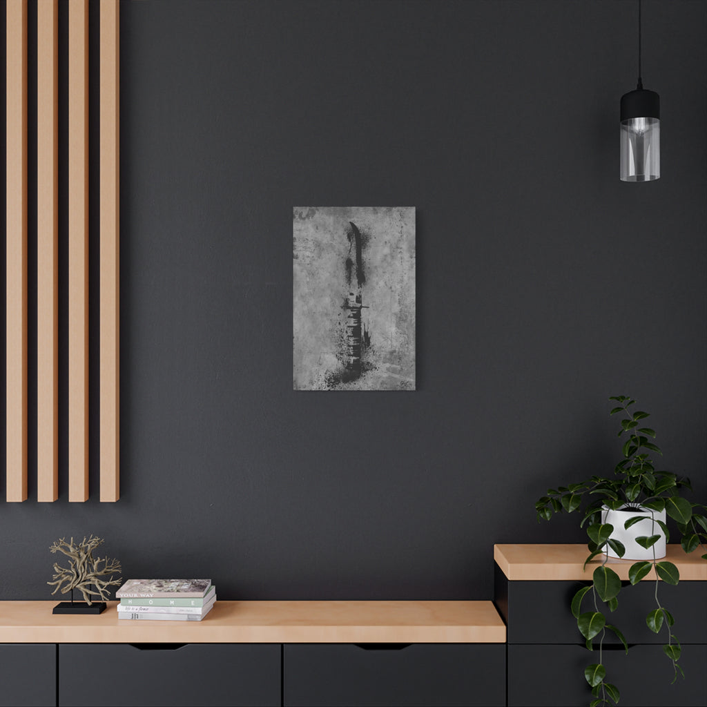 Marines BFF medium canvas on a charcoal wall by wood slats, clip-point knife silhouette in gritty black and gray