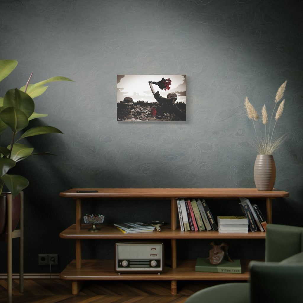 War Peace medium canvas on a green-gray wall over bookshelves, wartime scene with a bouquet of deep red roses