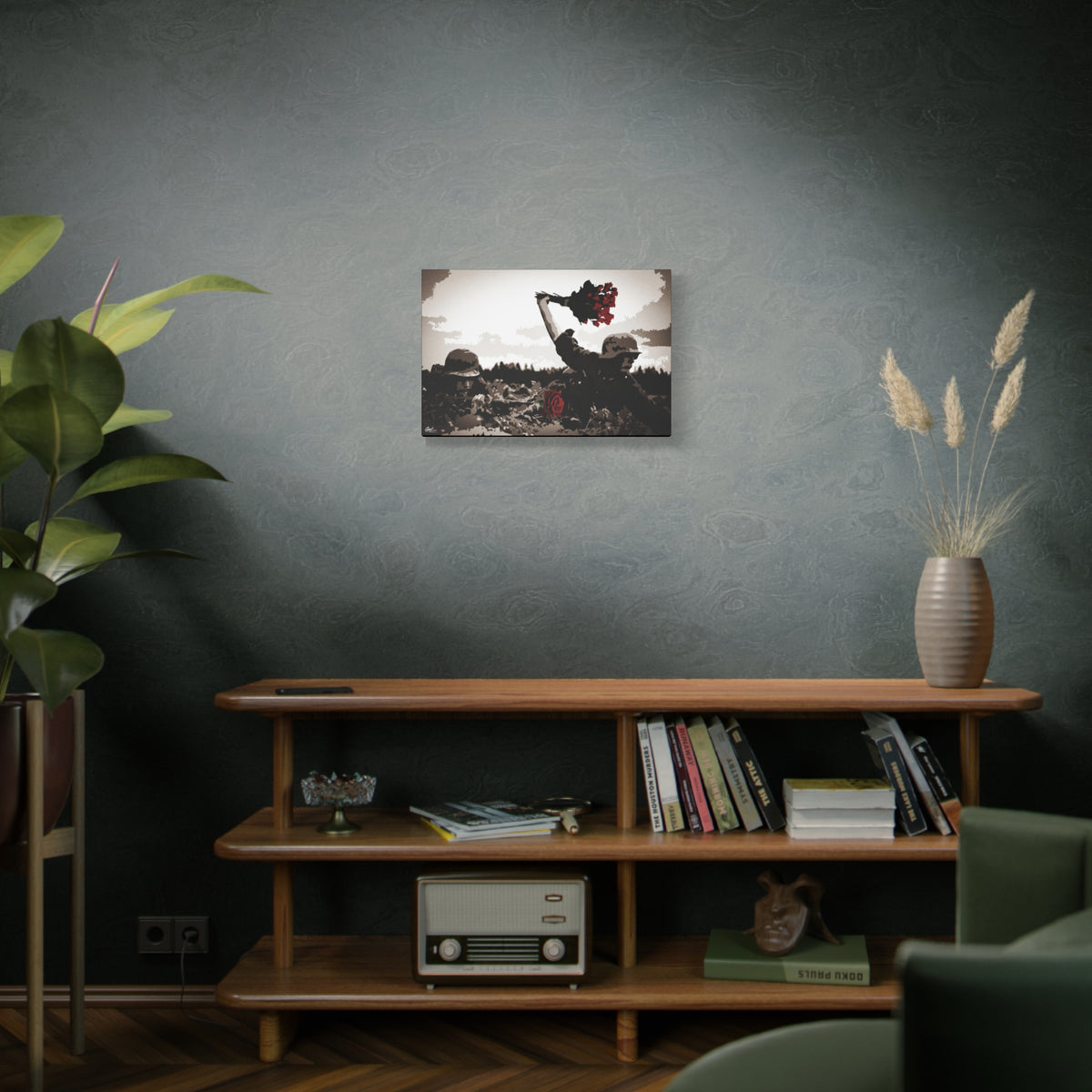 War Peace medium canvas on a green-gray wall over bookshelves, wartime scene with a bouquet of deep red roses