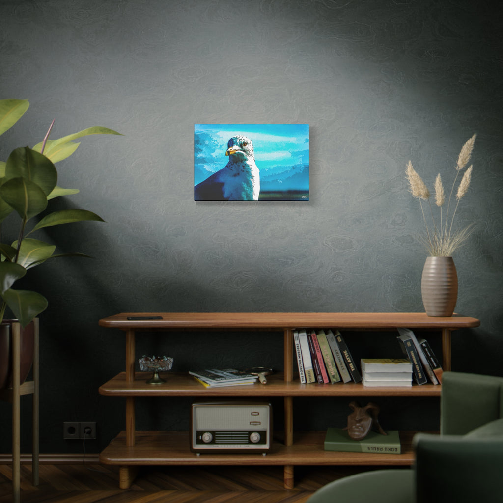 Carolina Seagull medium canvas above a wooden bookshelf, pier seagull close-up in vivid blues