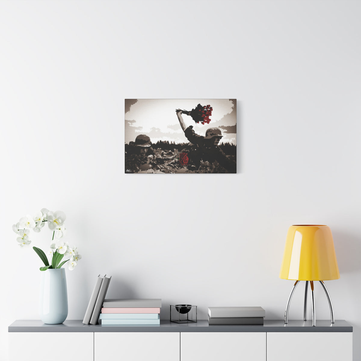 War Peace medium canvas over a console with white flowers, soldier raising red roses above the trenches