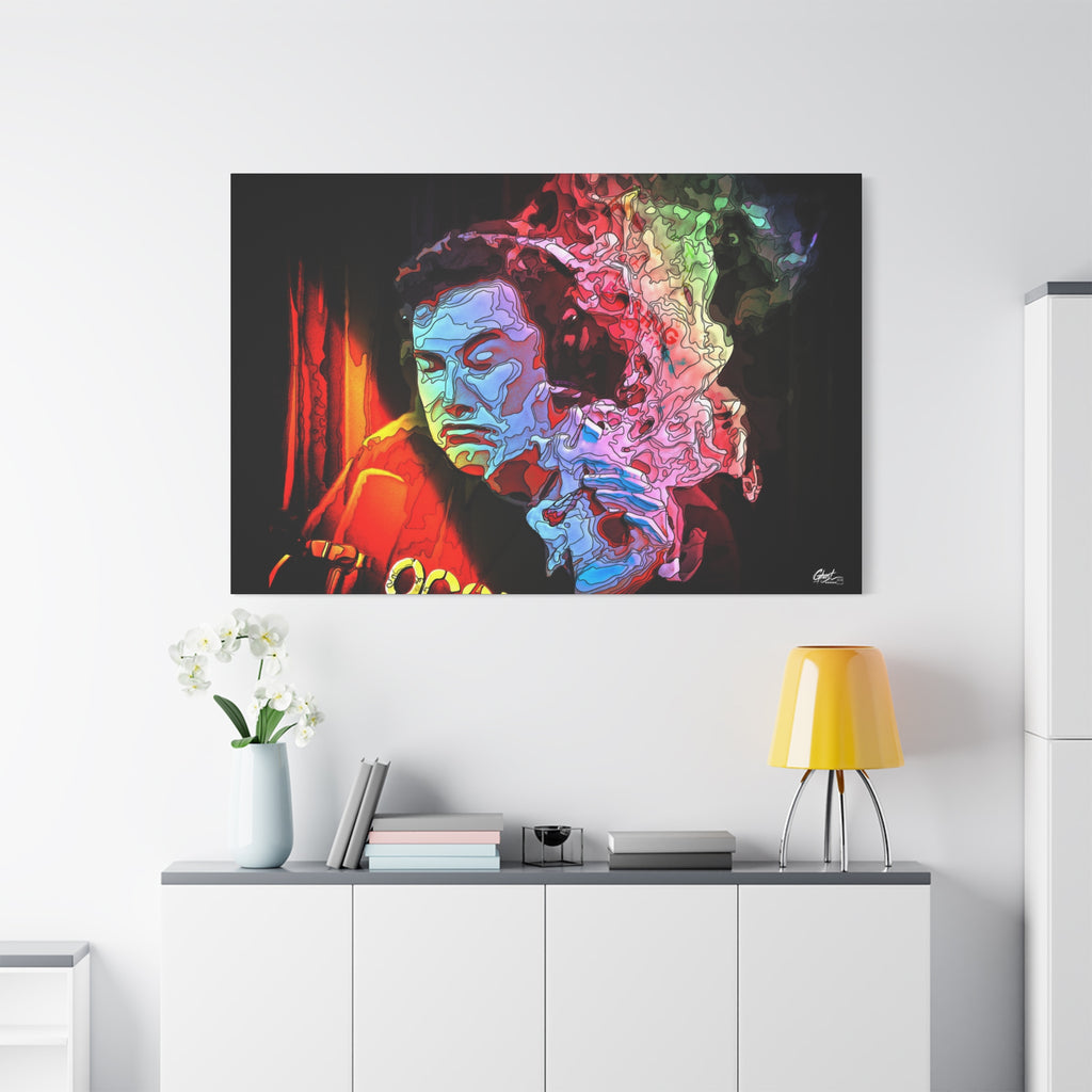 Launch Window oversized canvas above a white sideboard and yellow lamp, neon smoke cloud swirling from a dark portrait