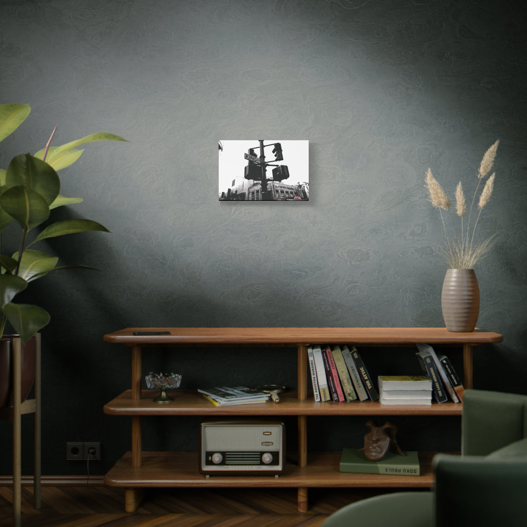 King St small canvas on a green-gray wall over bookshelves, King Street sign and traffic lights in vintage black and white