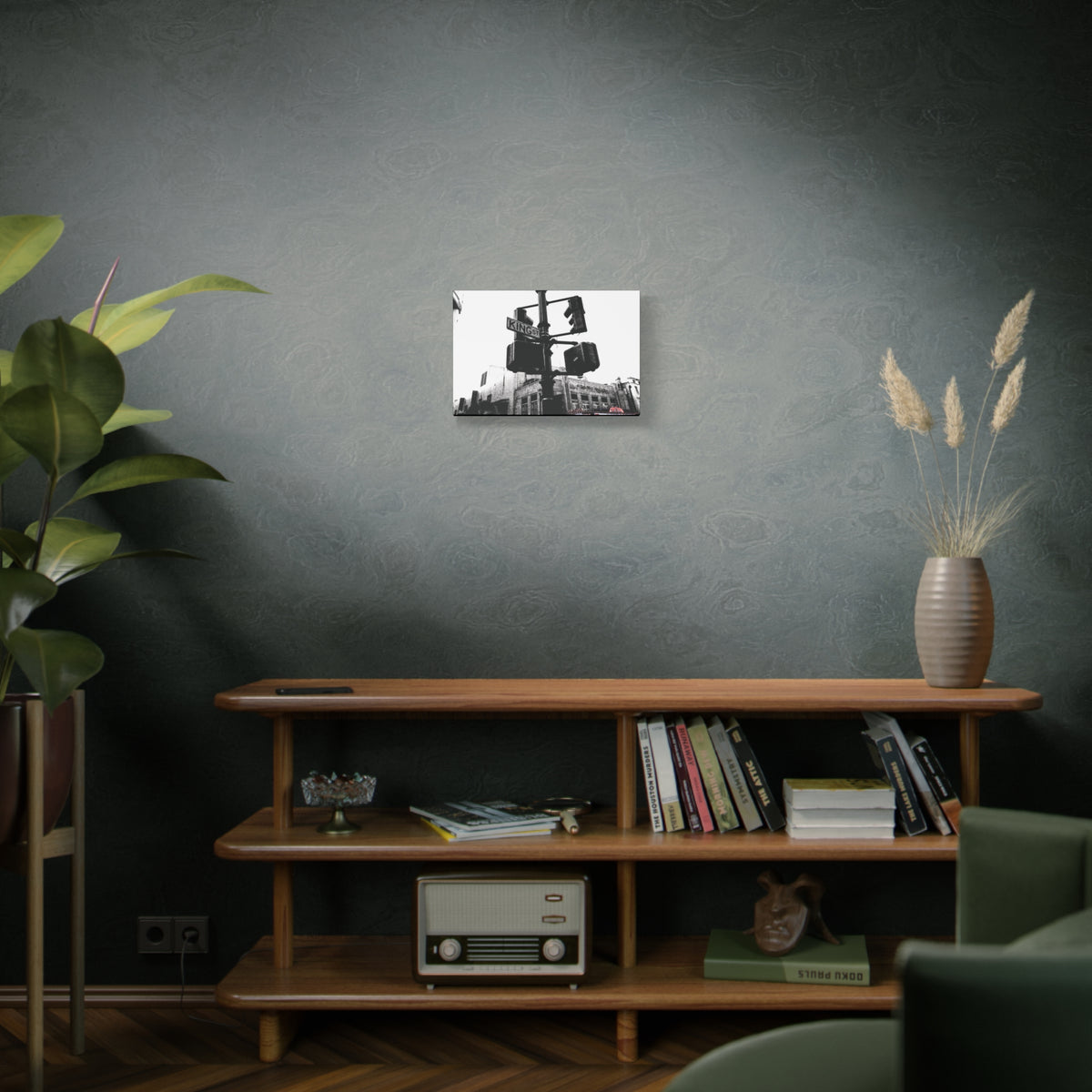 King St small canvas on a green-gray wall over bookshelves, King Street sign and traffic lights in vintage black and white