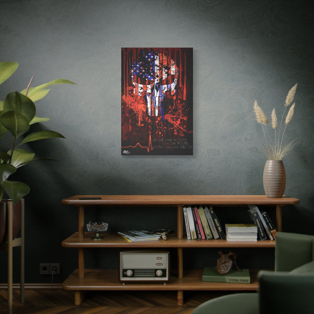 The Vigilante large canvas above a wooden bookshelf, skull emblem built from a distressed American flag