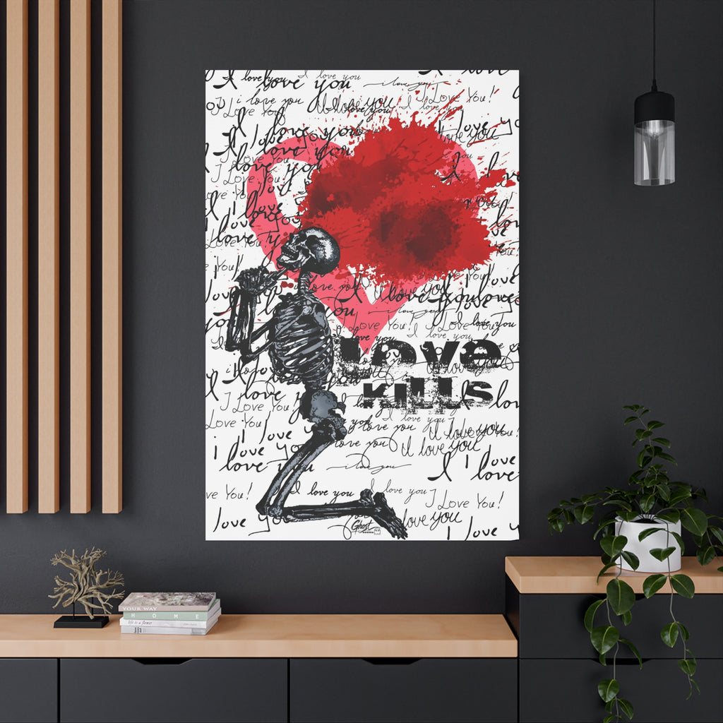 Love Kills oversized canvas on a charcoal wall by wood slats, kneeling skeleton before a burst pink and crimson heart