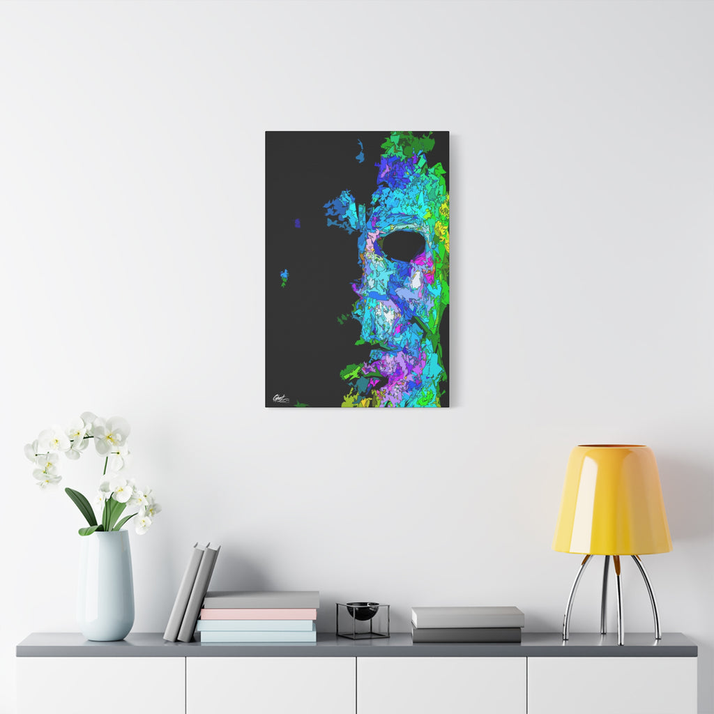 Stalk at Night, Prism Edition canvas on a white wall above a console, fractured triangle mask in electric color on black