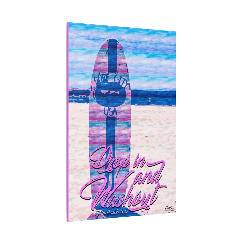 Drop In and Wash Out, Folly Beach canvas, angled side view: sun-bleached surfboard art in soft pinks and blues