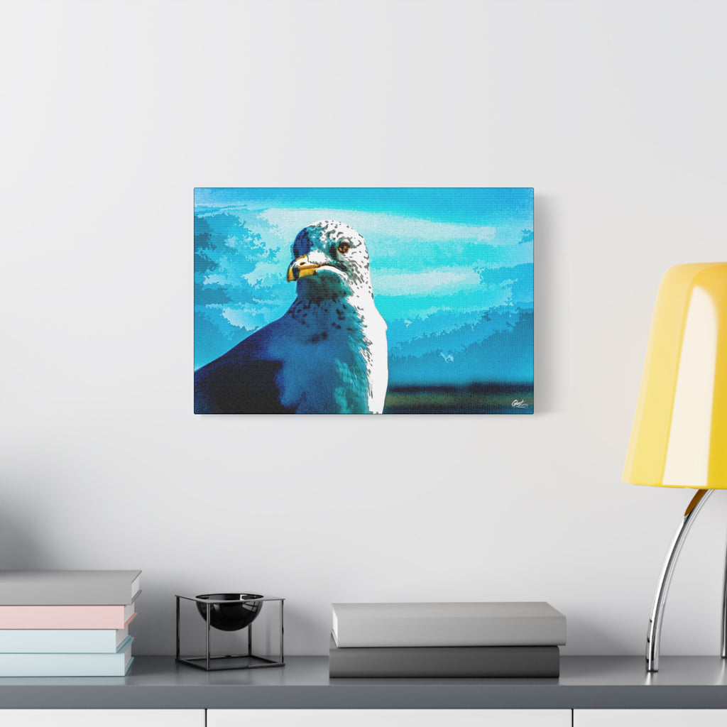 Carolina Seagull oversized canvas beside a yellow desk lamp, close-up seagull with a sharp eye and yellow beak on bright blue