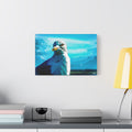 Carolina Seagull oversized canvas beside a yellow desk lamp, close-up seagull with a sharp eye and yellow beak on bright blue