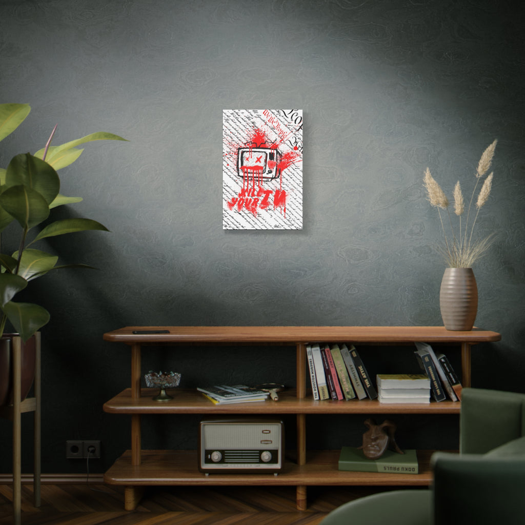Kill Your TV small canvas above a wooden bookshelf, vintage TV sketch splashed with dripping red