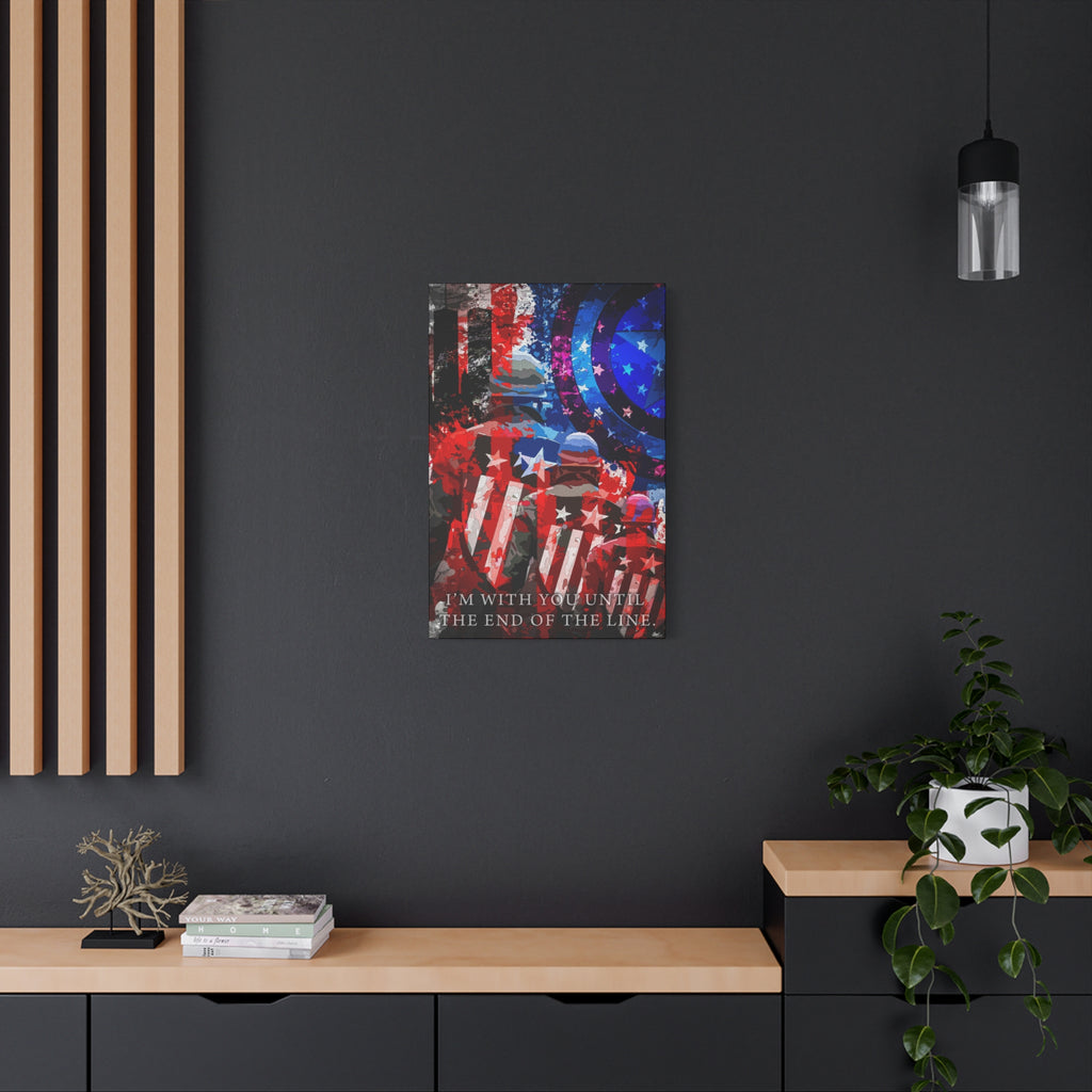 9/11 Never Forget medium canvas on a charcoal wall by wood slats, patriotic tribute in red, white, blue and smoke gray