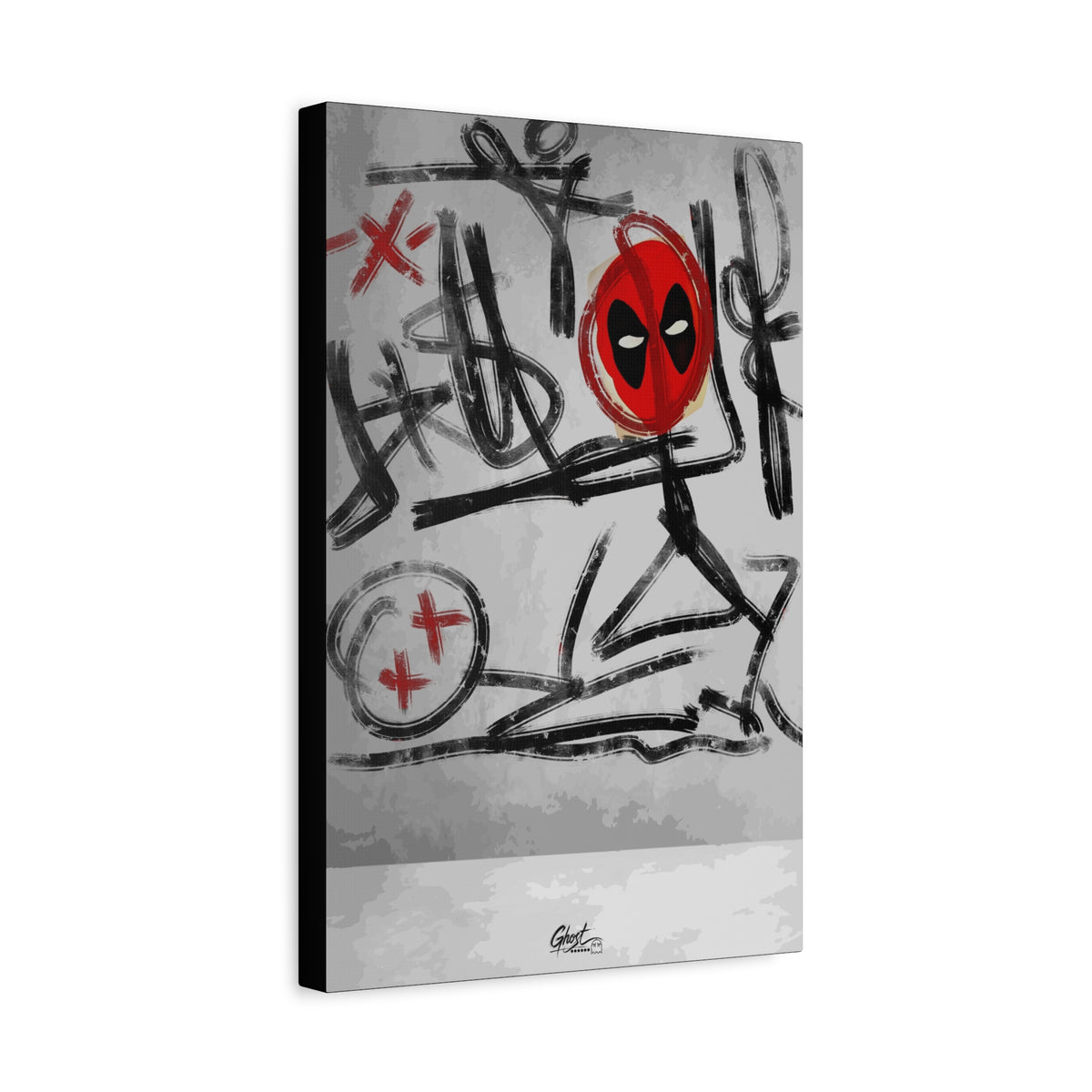 X'd Out canvas, angled view of the gallery-wrapped edge: black brushstroke doodles with a red mask emblem