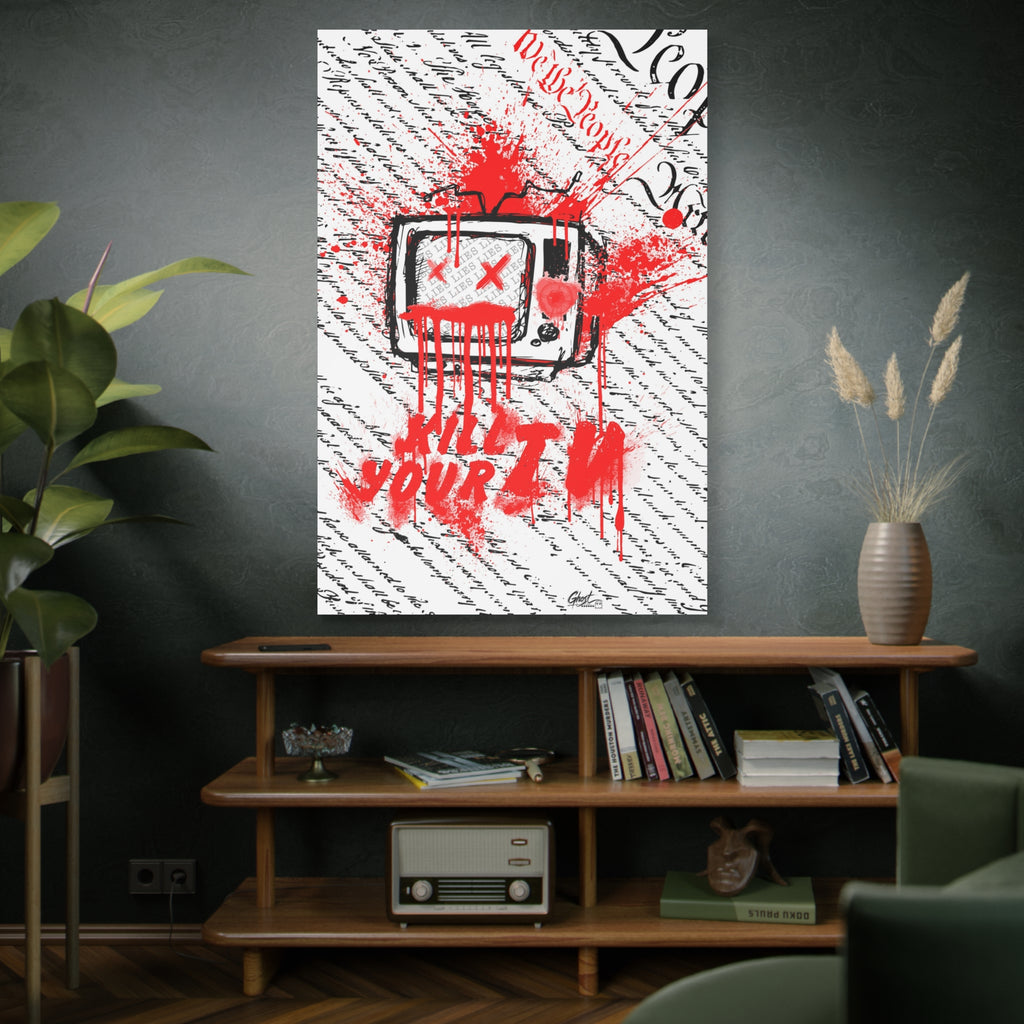 Kill Your TV oversized canvas on a green-gray wall over bookshelves, vintage TV sketch splashed with dripping red