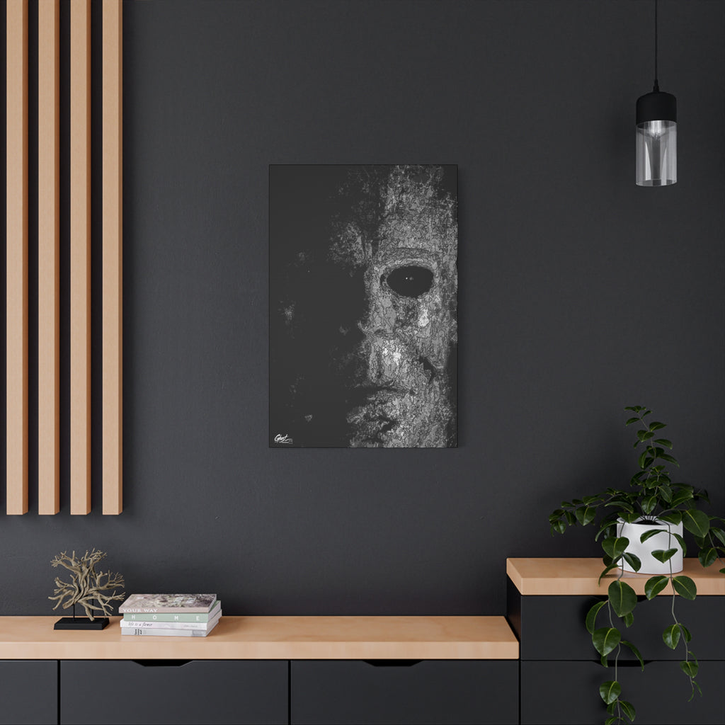 Stalk at Night medium canvas on a charcoal wall by wood slats, pale mask in black-and-white pen sketch, half in shadow