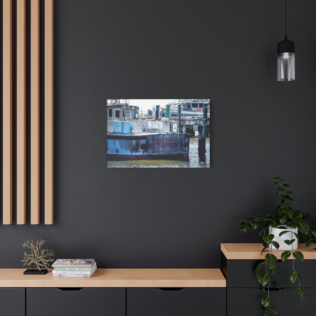 Fort Sumter Enhanced canvas on a charcoal wall over an oak shelf, pen-drawn Fort Sumter tour boat in muted blues and reds