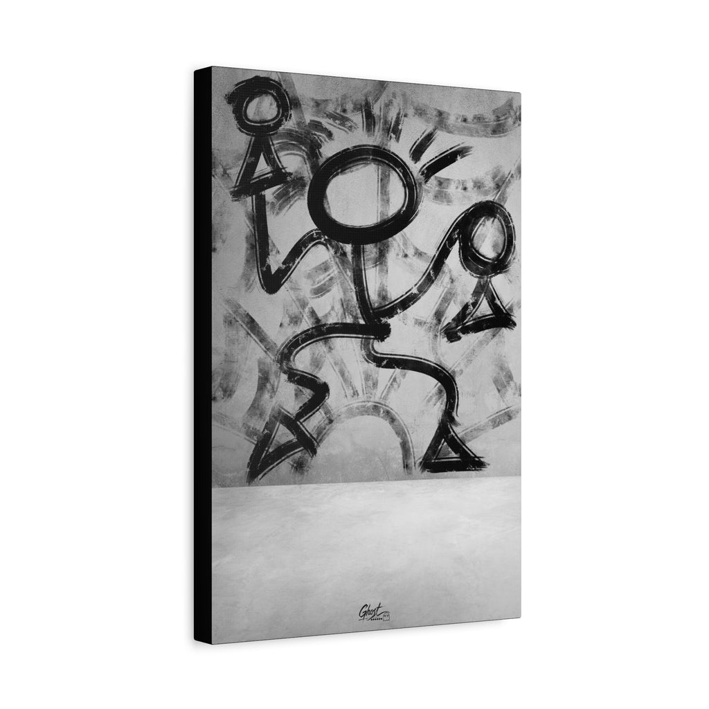 Trapped canvas, angled view of the gallery-wrapped edge: black-and-white brushstroke figure pressing against invisible walls
