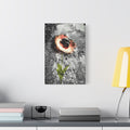 Meteor Flower large canvas beside a yellow desk lamp, pothole crater ringed in orange, red and yellow like a flower