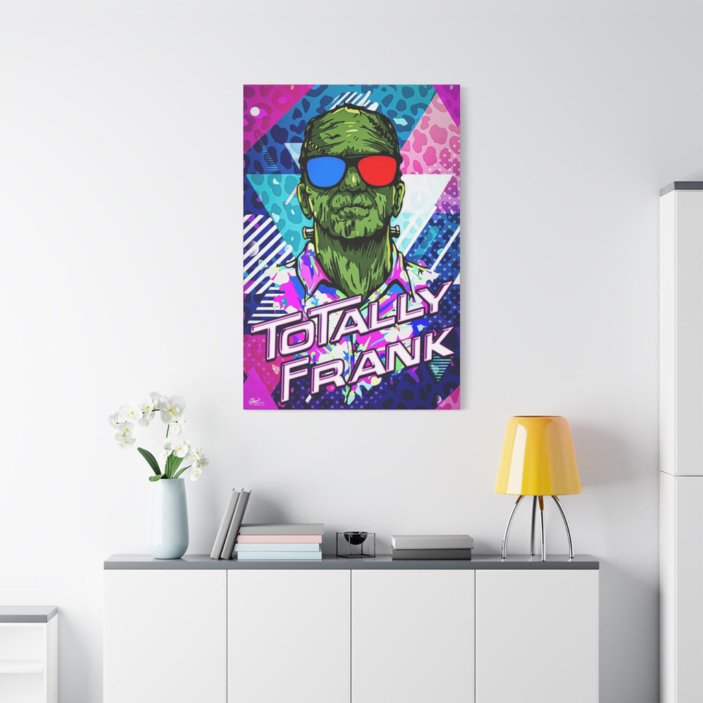 Monster Vibes medium canvas above a white sideboard and yellow lamp, neon pop-art monster with bold block lettering