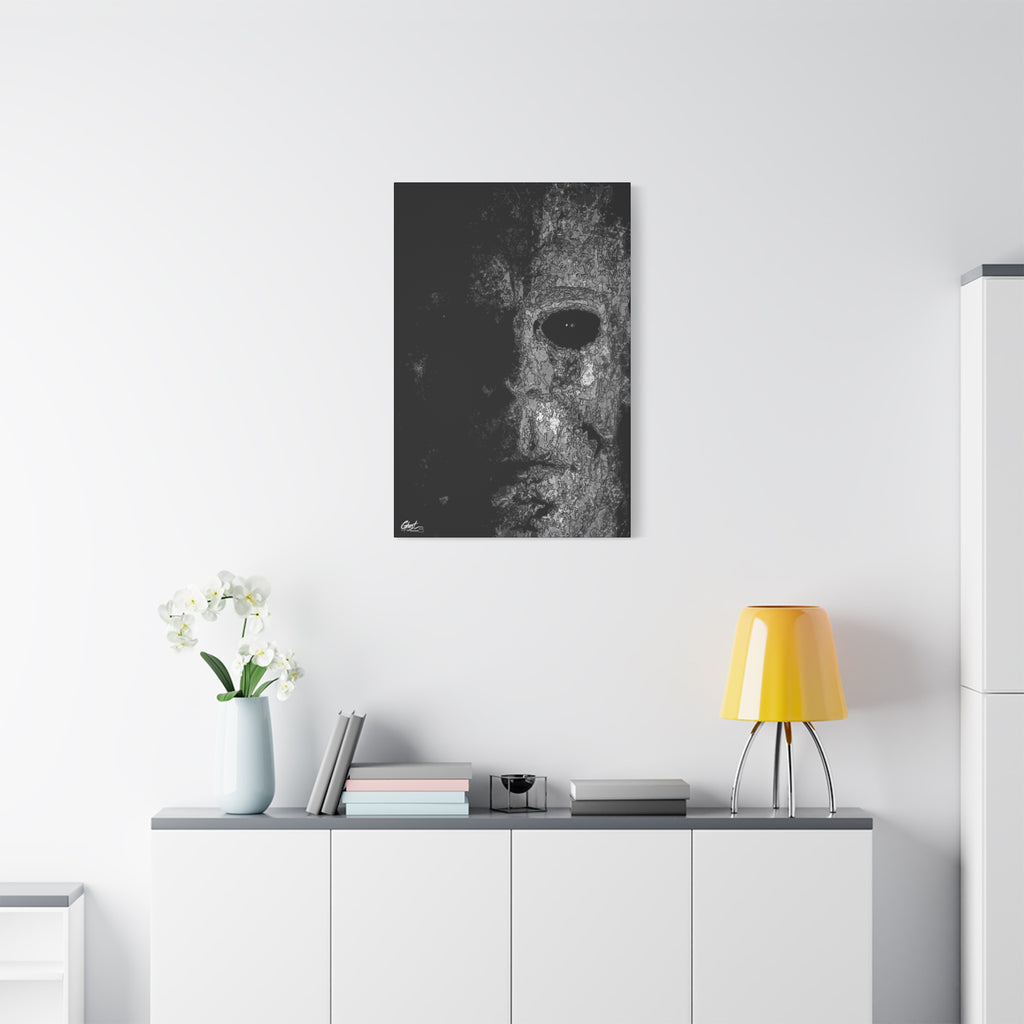 Stalk at Night small canvas above a white sideboard and yellow lamp, pale mask in black-and-white pen sketch, half in shadow