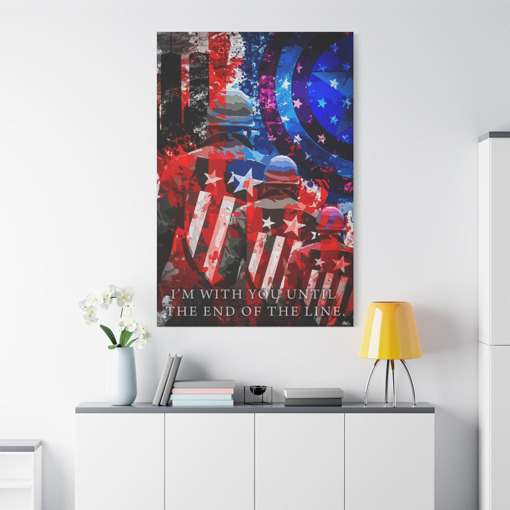 9/11 Never Forget canvas above a white sideboard and yellow lamp, patriotic tribute in red, white, blue and smoke gray