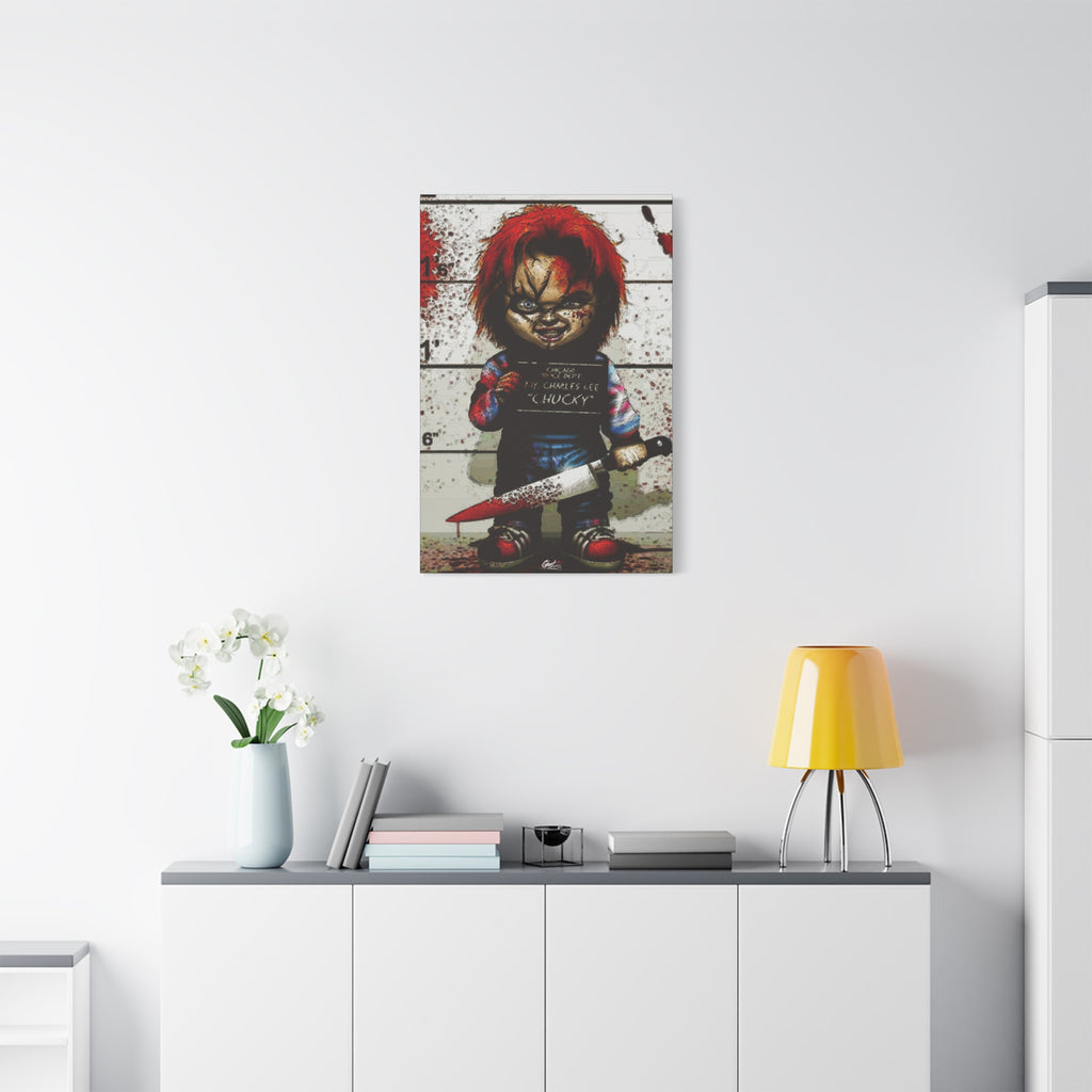 Best Friends Forever canvas above a white sideboard and yellow lamp, red-haired doll with a booking placard and bloodied knife