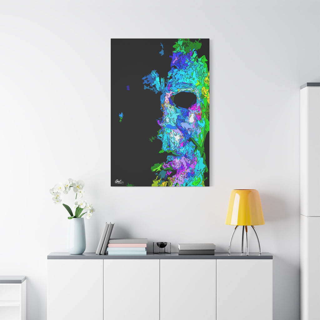 Stalk at Night, Prism Edition large canvas above a white sideboard and yellow lamp, neon triangle-shard mask