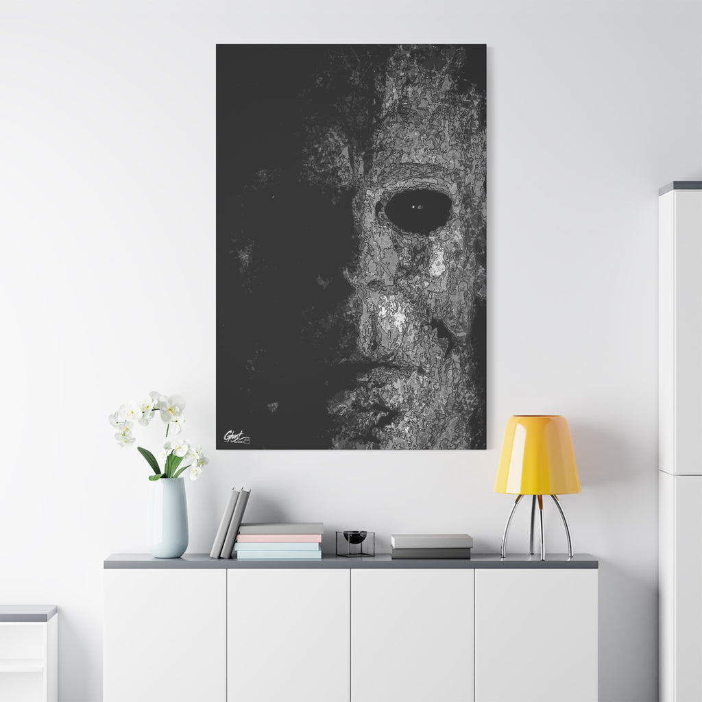 Stalk at Night oversized canvas on a white wall over a sideboard, scratchy pen-and-ink mask emerging from darkness