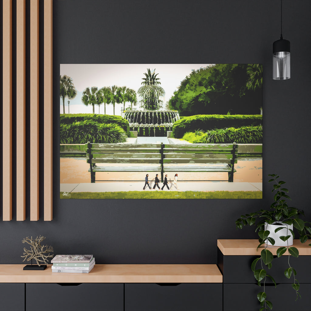 Pineapple Crossing canvas on a charcoal wall by wood slats, painterly park scene with the pineapple fountain