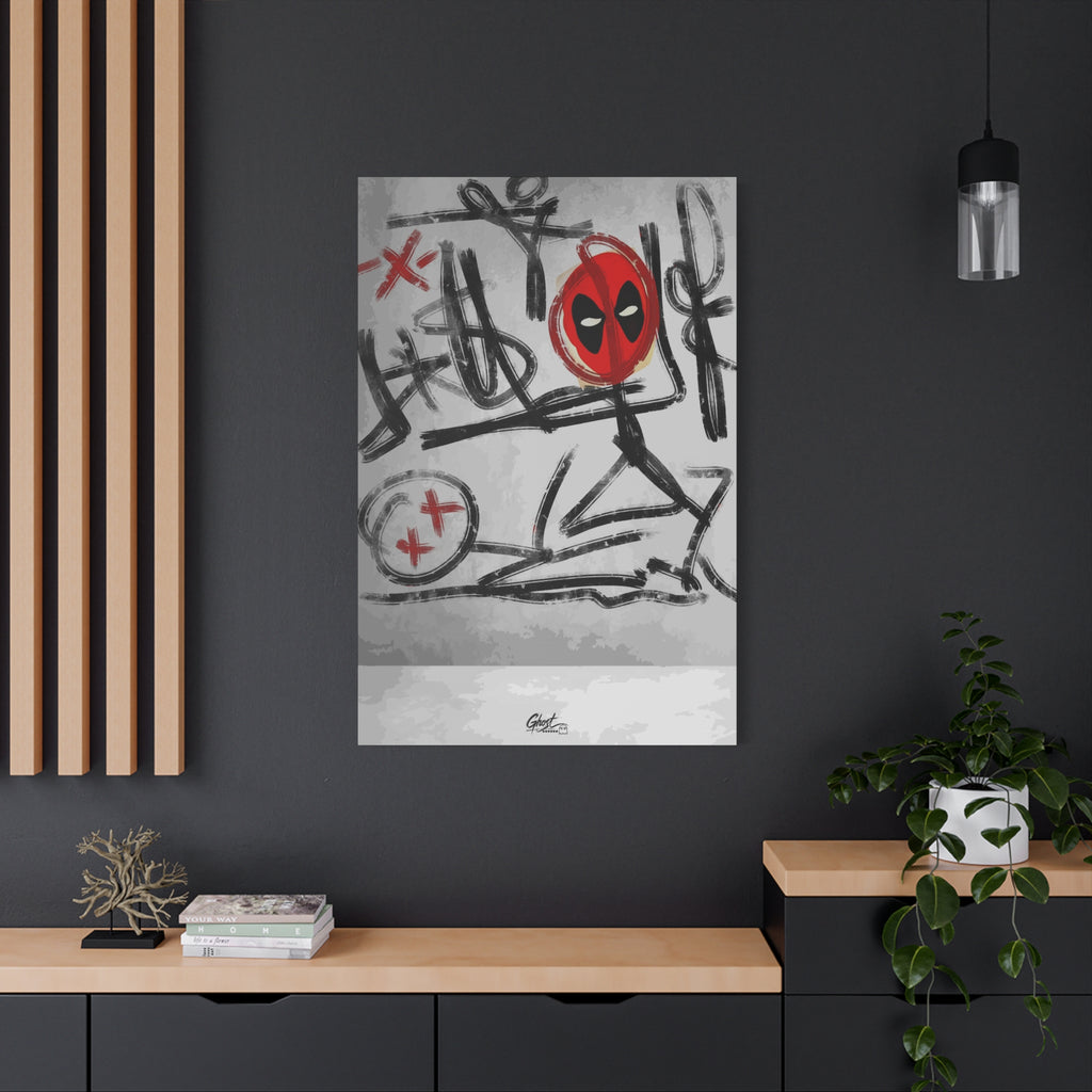 X'd Out large canvas on a charcoal wall by wood slats, black brushstroke doodles with a red mask emblem