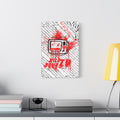 Kill Your TV medium canvas beside a yellow desk lamp, hand-drawn TV with X eyes and bursting red paint