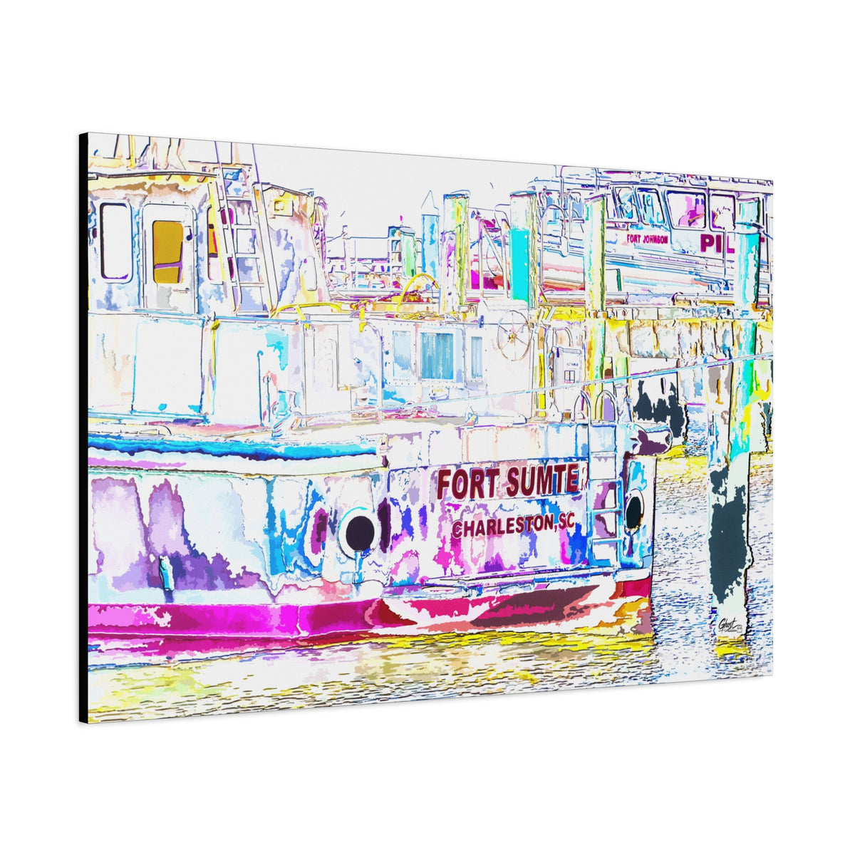 Fort Sumter Retro canvas, angled view of the gallery-wrapped edge: harbor boat in bright retro pinks, blues and yellows