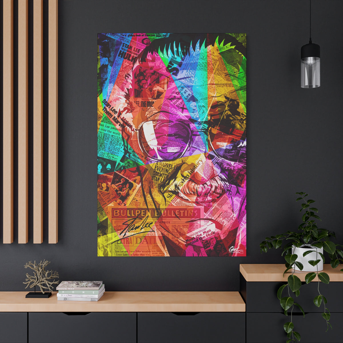 The Man the Myth the Legend oversized canvas on a charcoal wall by wood slats, neon-banded collage portrait
