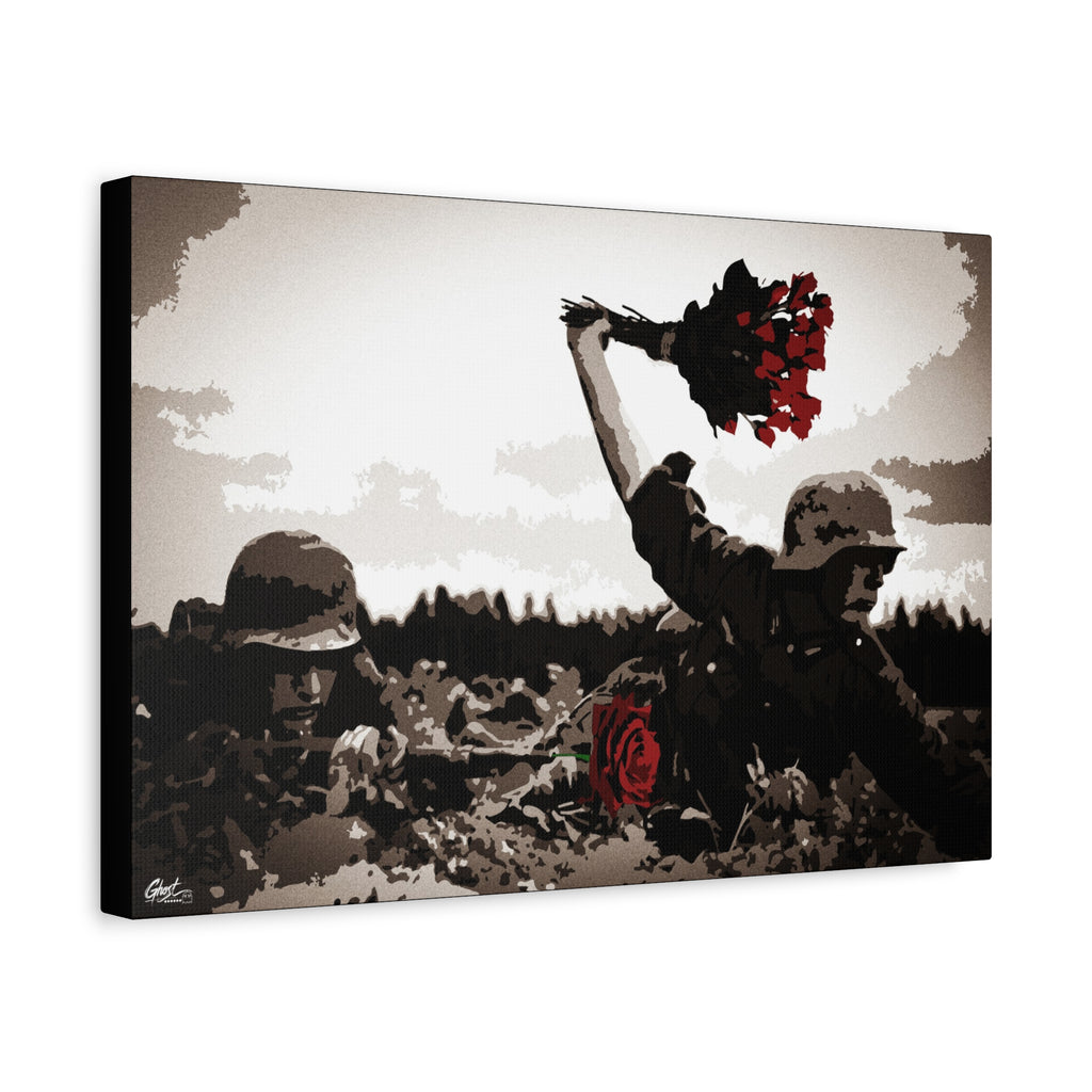 War Peace canvas, angled view of the gallery-wrapped edge: soldier raising red roses above the trenches