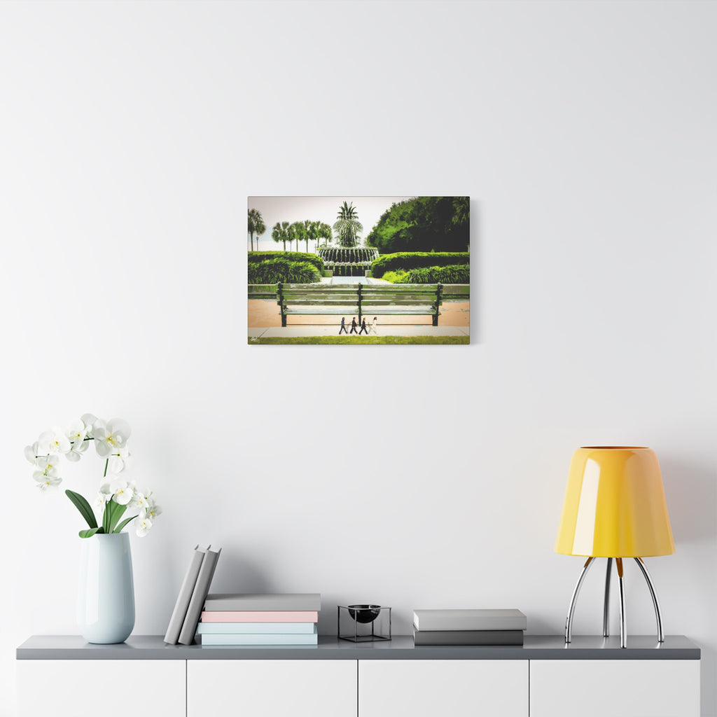 Pineapple Crossing medium canvas over a console with white flowers, painterly park scene with the pineapple fountain