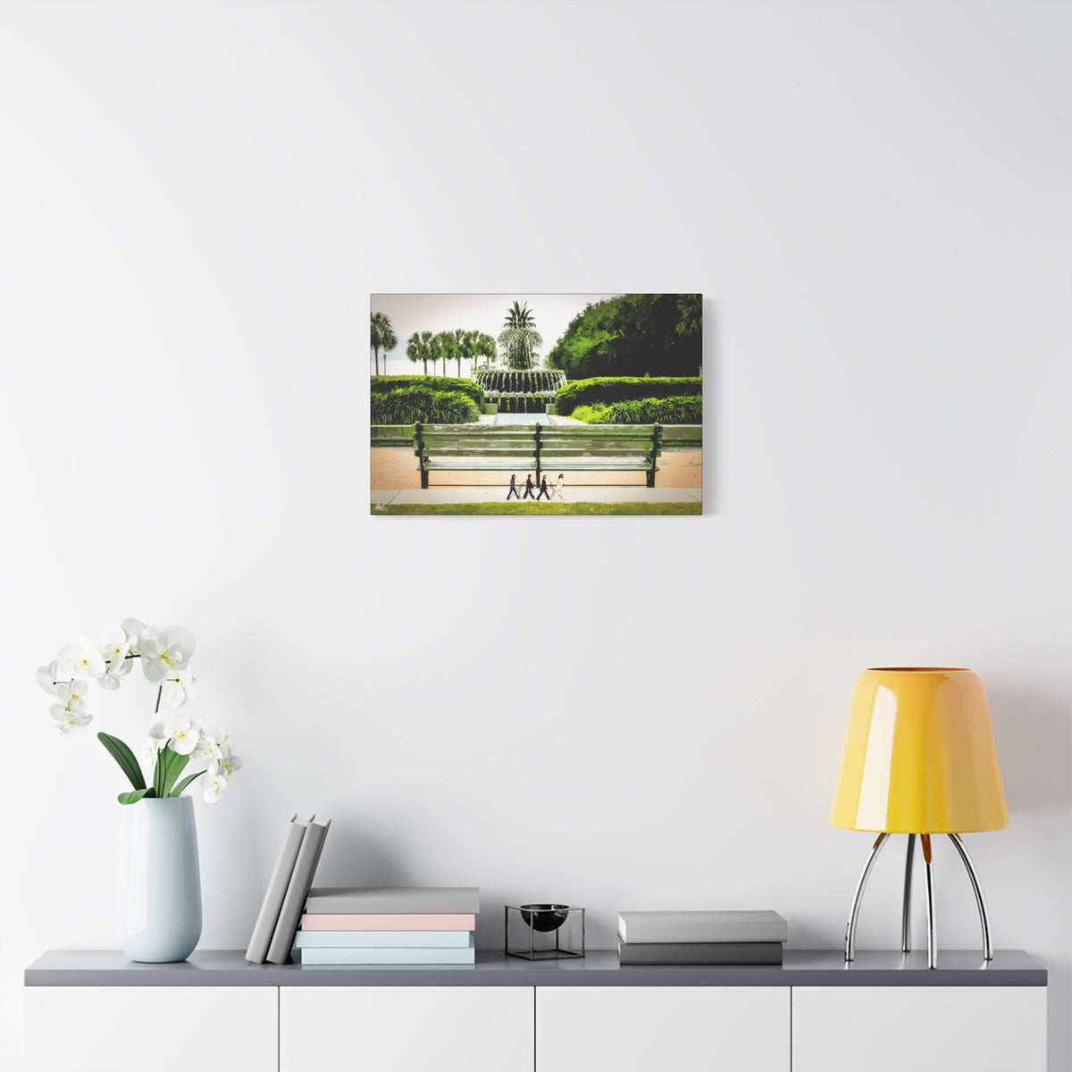 Pineapple Crossing medium canvas over a console with white flowers, painterly park scene with the pineapple fountain