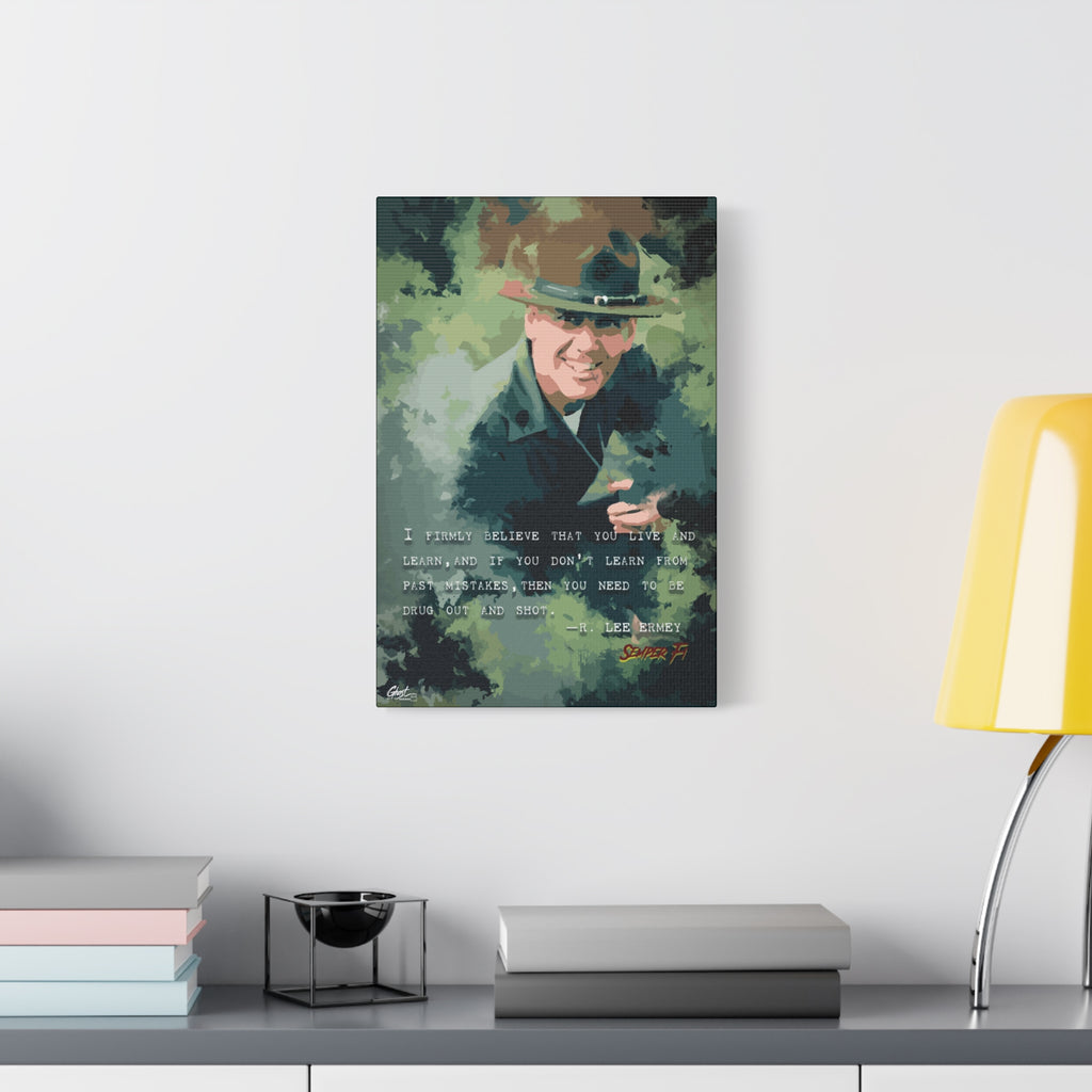 Live and Learn medium canvas beside a yellow desk lamp, grinning drill instructor in olive and forest green