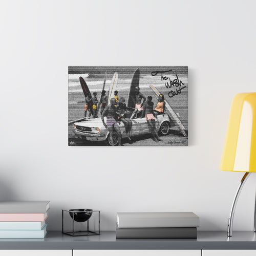 The Wash Out canvas beside a yellow desk lamp, friends with surfboards piled on a vintage convertible, black and white