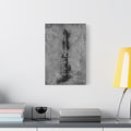 Marines BFF medium canvas beside a yellow desk lamp, Marine fighting knife in black ink spatter on concrete gray