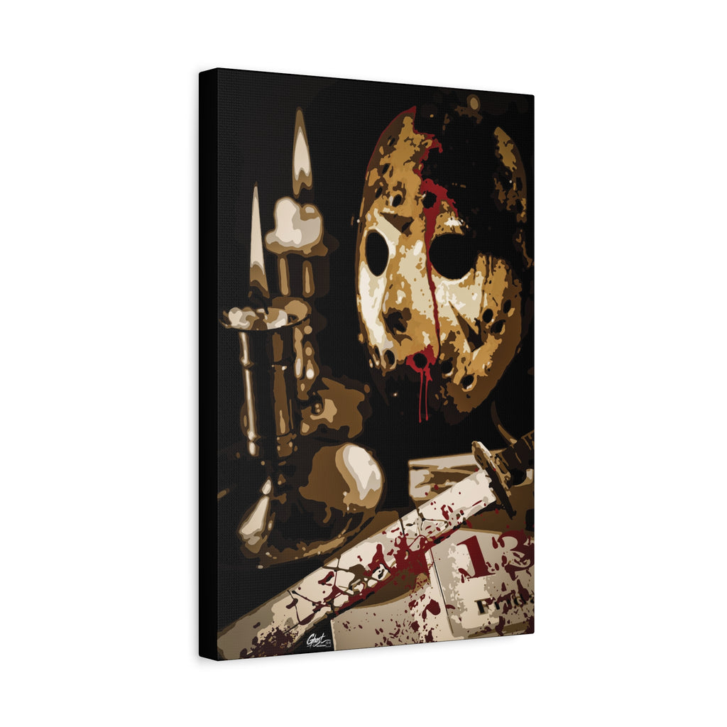 Off the Clock canvas, angled view of the gallery-wrapped edge: bloodied hockey mask beside lit candles and a machete
