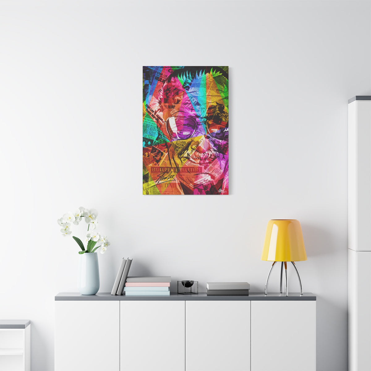 The Man the Myth the Legend small canvas above a white sideboard and yellow lamp, neon-banded collage portrait