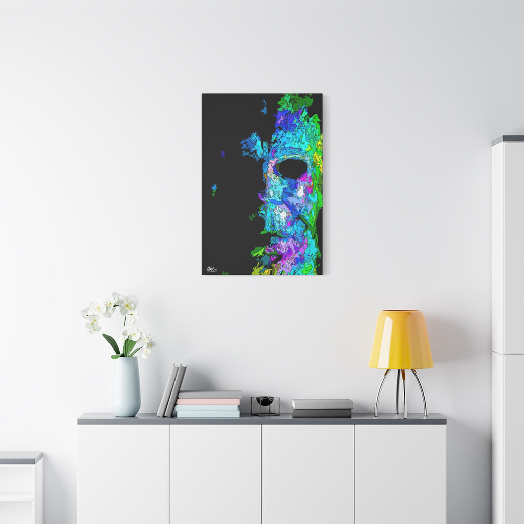Stalk at Night, Prism Edition small canvas above a white sideboard and yellow lamp, neon triangle-shard mask